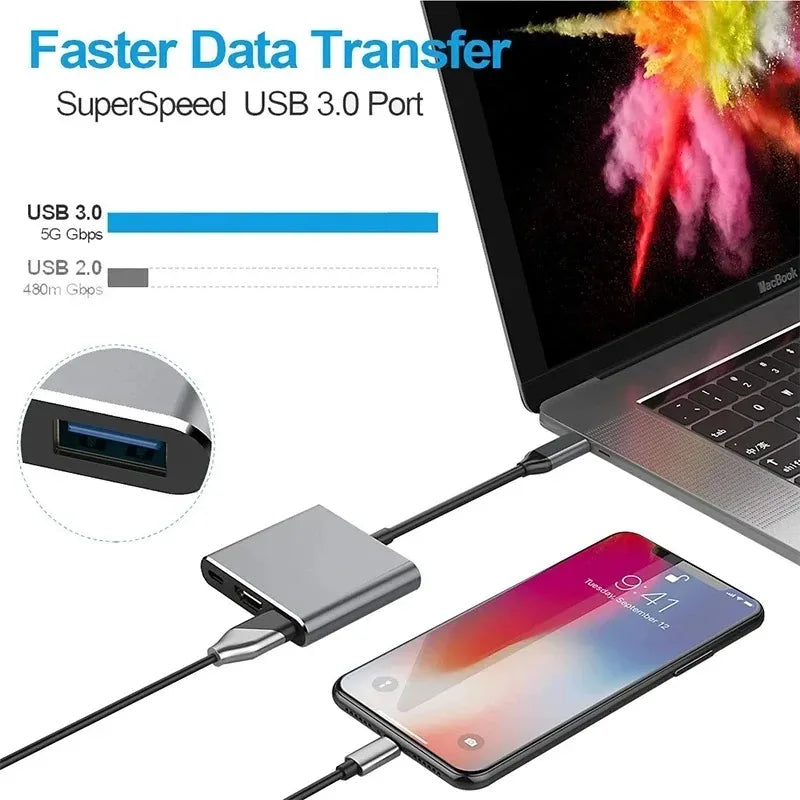 3-in-1 USB-C Hub - HDMI Compatible Splitter and USB 3.0 Adapter