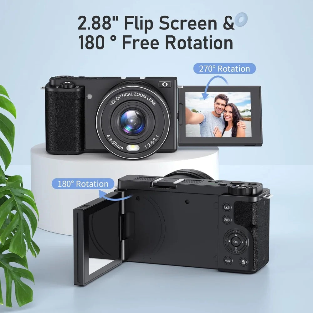 4K Digital Selfie Camera - 64MP, 12X Zoom and Flip Screen