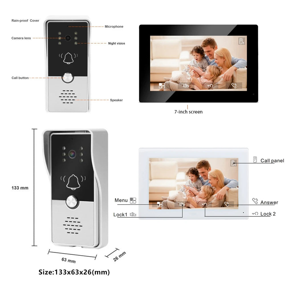 7-Inch Video Intercom System - Wired Doorbell Camera with Indoor Monitor
