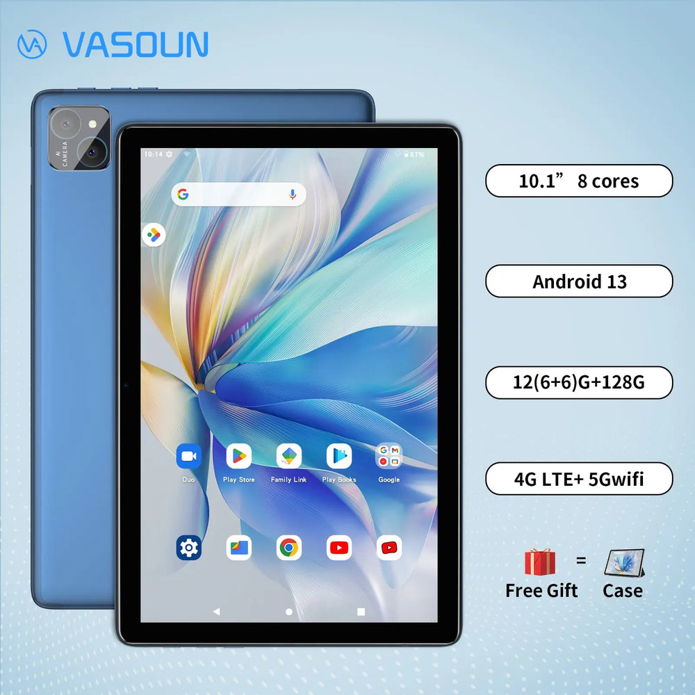 VASOUN 10.1" Android 14 Tablet - 12GB RAM, 128GB and Dual SIM 4G