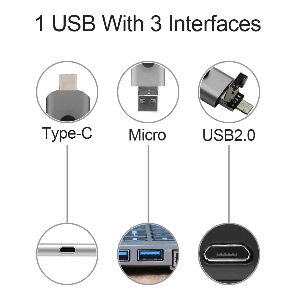 3-in-1 OTG USB Flash Drive - Type-C, Micro USB and USB Storage