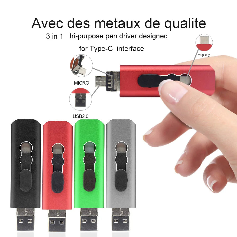 3-in-1 OTG USB Flash Drive - Type-C, Micro USB and USB Storage