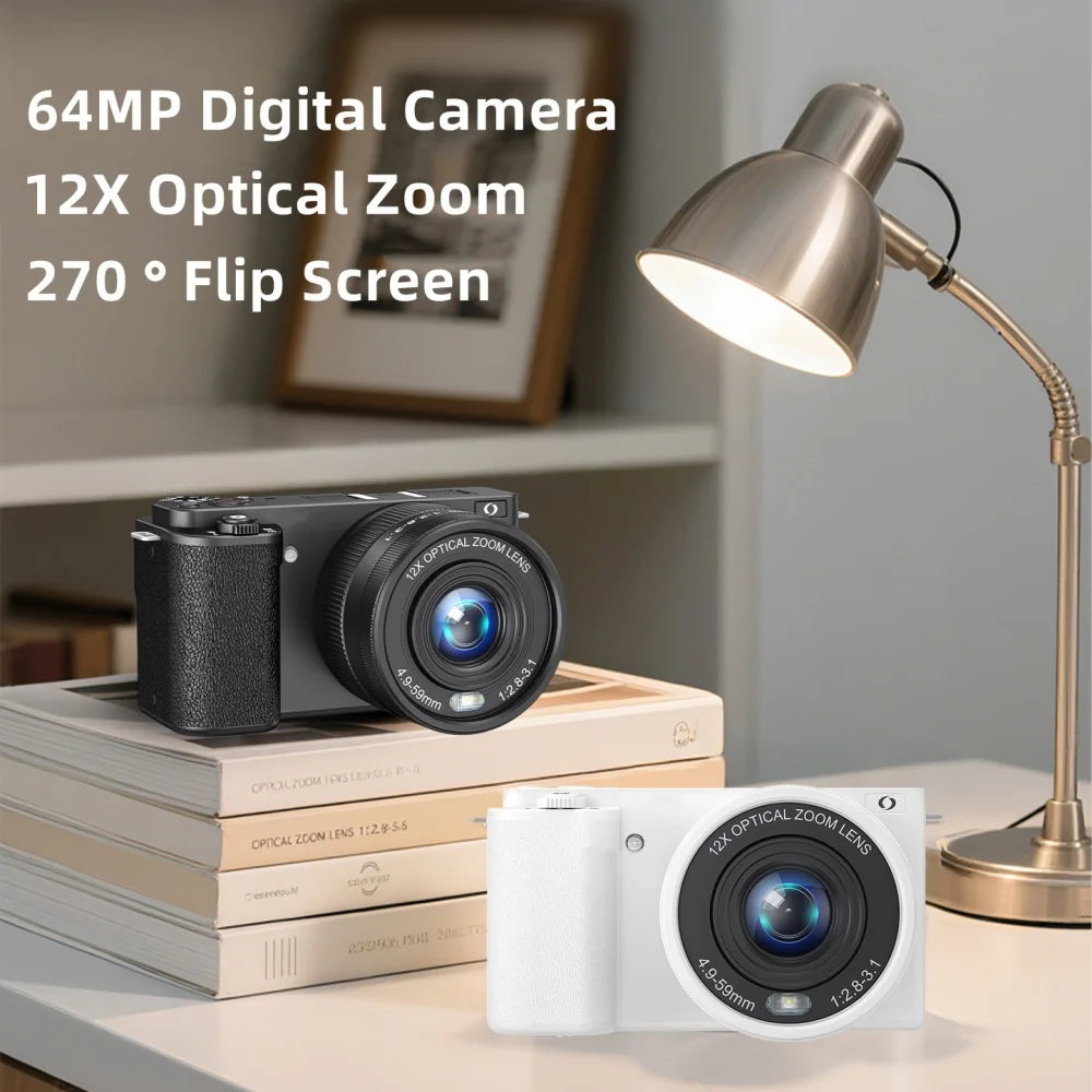4K Digital Selfie Camera - 64MP, 12X Zoom and Flip Screen