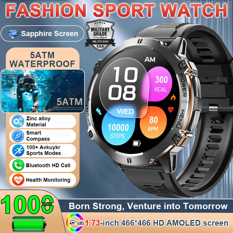 Outdoor Military GPS Smart Watch - AMOLED Display, Compass and 5ATM Water Resistance