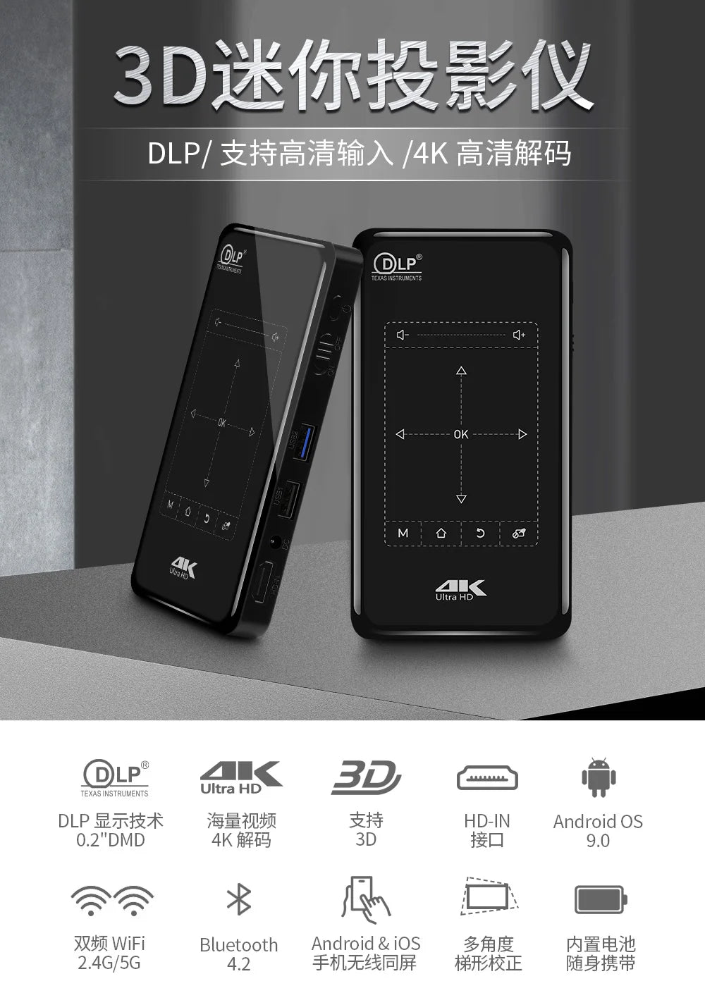 XIAOQIAODZ Projector - 720P support, Android 9.0, WiFi streaming