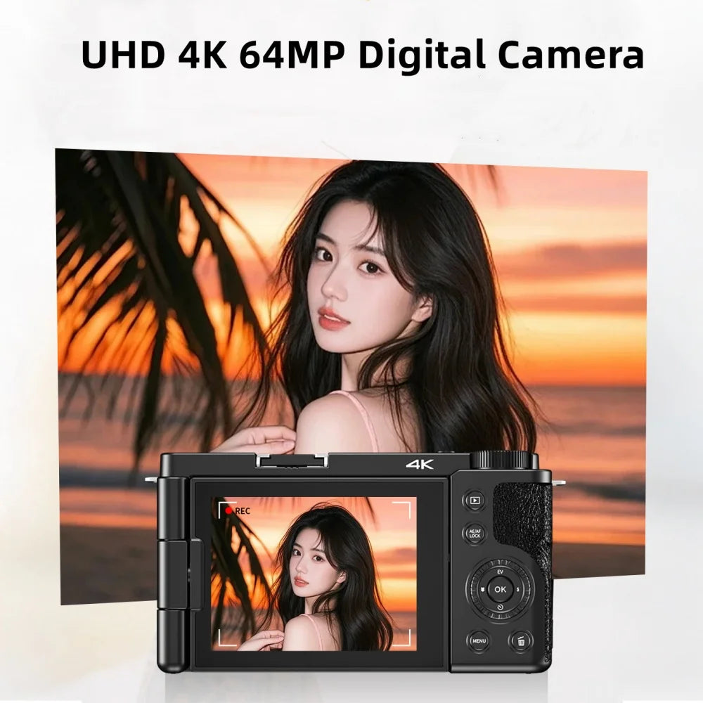 4K Digital Selfie Camera - 64MP, 12X Zoom and Flip Screen